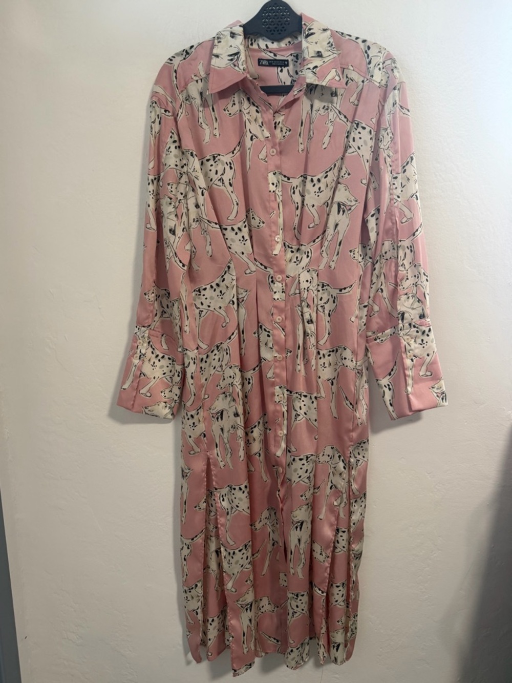 Zara Pink Dalmatian Dog Print Satin Shirt Dress Midi Long Sleeve XS - Picture 2 of 16